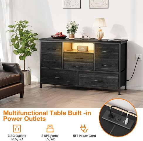 خزانة باتيكوين ذات 8 أدراج، برج تخزين قماشي لغرفة النوم، حامل تلفزيون واسع 47 بوصة وخزانة ذات أدراج مع منافذ تيار متردد ومنفذين USC، وحدة برج تخزين كبيرة، طباعة حبيبات من الخشب الأسود الفحمي in Kuwait