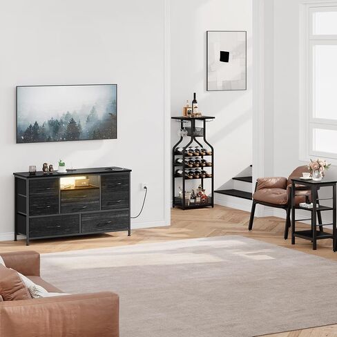 خزانة باتيكوين ذات 8 أدراج، برج تخزين قماشي لغرفة النوم، حامل تلفزيون واسع 47 بوصة وخزانة ذات أدراج مع منافذ تيار متردد ومنفذين USC، وحدة برج تخزين كبيرة، طباعة حبيبات من الخشب الأسود الفحمي in Kuwait