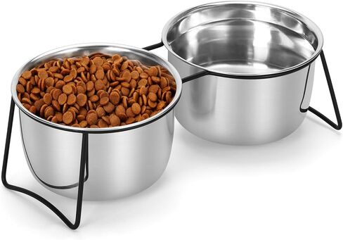 VAlinks Elevated Cat Bowls, Tilted Raised Indoor Cat Dishes for Food and Water, Double Bowls Metal Stand Anti Vomiting Feeder with 2 Stainless Steel Pet Bowls for Cats, Puppy, Dogs, (Black, 36oz) in Kuwait