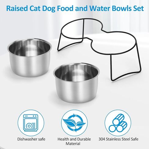 VAlinks Elevated Cat Bowls, Tilted Raised Indoor Cat Dishes for Food and Water, Double Bowls Metal Stand Anti Vomiting Feeder with 2 Stainless Steel Pet Bowls for Cats, Puppy, Dogs, (Black, 36oz) in Kuwait