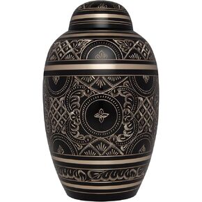 Black and Gold Funeral Cremation Urn for Human Ashes by Liliane - Hand Made in Brass - Suitable for Cemetery Burial or Niche - Large Size fits Remains of Adults up to 200 lbs - Serenita in Kuwait