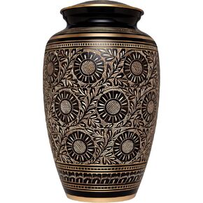Black and Gold Funeral Cremation Urn for Human Ashes by Liliane - Hand Made in Brass - Suitable for Cemetery Burial or Niche - Large Size fits Remains of Adults up to 200 lbs - Serenita