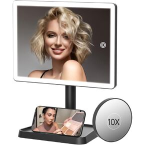 FUNTOUCH Rechargeable Makeup Mirror with Lights, 96 LED Lighted Makeup Vanity Mirror with Phone Holder and 10X Magnifying Mirror, 3Color Lighting Light Up Cosmetic Mirror with Dimmable Sensor Touch in Kuwait