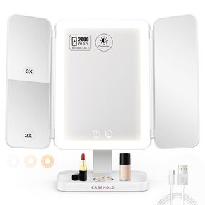 مرآة مكياج مع أضواء، تكبير 2X 3X، مرآة مكياج مضاءة، مرآة مكياج قابلة لإعادة الشحن بقدرة 2000 مللي أمبير في الساعة، مرآة زينة مع 64 مصباح LED، 3 أضواء ملونة، شاشة تعمل باللمس، مرآة مضيئة لسطح الطاولة in Kuwait