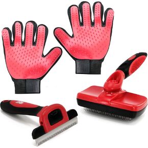 Complete Professional Pet Grooming Kit | Self Cleaning Slicker Brush for Dogs & Cats | Pro Grooming Brush Effectively Reduces Shedding Fur | Pet Hair Remover Brush Gloves | 4pc Combo Gift Set in Kuwait