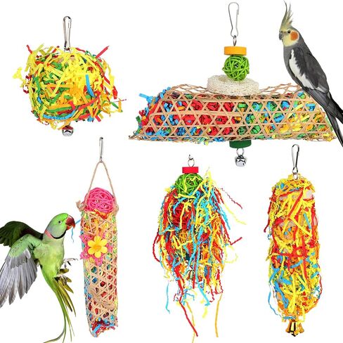 HOMELYLIFE 5PCS Bird Shredder Toys for Parrot Parakeets Foraging Chewing Toys Cockatiel Loofah Toys, Hanging Bird Toys Cage Accessories for Cockatiels,Conures,Medium/Small Parrots,Lovebirds,Budgie in Kuwait