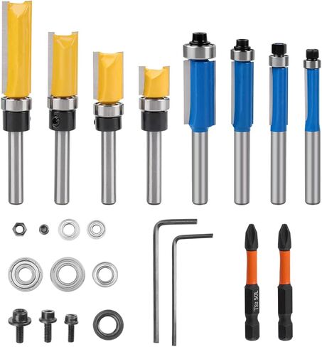 10 PCS Flush Trim Router Bit Set 1/4 Inch Shank, 4 Flush Trim Router Bits, 4 Pattern Flush Trim Router Bits with 2 Impact Magnetic Bits, 6 Bearings, 2 Wrenches for Wooden Materials in Kuwait