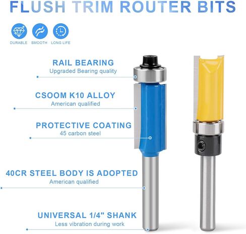 10 PCS Flush Trim Router Bit Set 1/4 Inch Shank, 4 Flush Trim Router Bits, 4 Pattern Flush Trim Router Bits with 2 Impact Magnetic Bits, 6 Bearings, 2 Wrenches for Wooden Materials in Kuwait