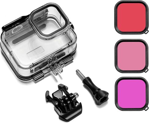 بي وايرليس حافظة مقاومة للماء مع 3 قطع فلتر غوص لكاميرا جوبرو هيرو 12/11/10/9 تدعم 60 متر/196 قدم، حافظة غوص تحت الماء مع فلتر احمر فاتح احمر وارجواني فاتح in Kuwait