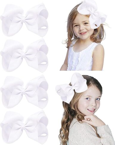 4 قطع كبيرة من شريط Grosgrain مصنوع يدويًا مقاس 6 بوصات، فيونكات شعر بلون سادة، مشابك تمساح، إكسسوارات شعر للفتيات الصغيرات في سن المراهقة، مجموعة من 4 قطع (أبيض) in Kuwait