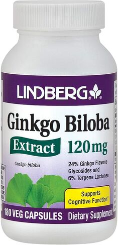 Lindberg Ginkgo Biloba Extract 120 Mg, 180 Vegetarian Capsules - Standardized To 24% Flavone Glycosides And 6% Terpene Lactones (99-594) in Kuwait