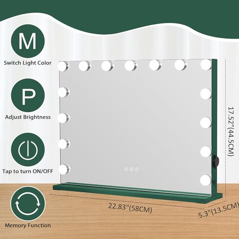 مرآة مكياج HOMPEN Vanity Mirror مع أضواء، مرآة مكياج كبيرة مضاءة في هوليوود مع 15 لمبة خافتة، 3 أوضاع ألوان، تحكم باللمس لغرفة الملابس وغرفة النوم، سطح الطاولة أو الحائط، أخضر نعناعي in Saudi Arabia