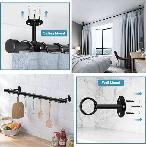 دعامة قضيب ستارة السقف، حوامل قضيب ستارة شديدة التحمل للجدار، شماعات ستارة السقف السوداء، دعامات دعم قضيب خزانة الستائر لأعمدة الستائر 1-1/4 انش، عبوة من 6 قطع in Kuwait