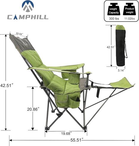 CAMPHILL Portable Camping Chair with Detachable Footrest Portable Lounge Chair with Cup Holder and Storage Bag, Heavy Support 300lbs in Kuwait