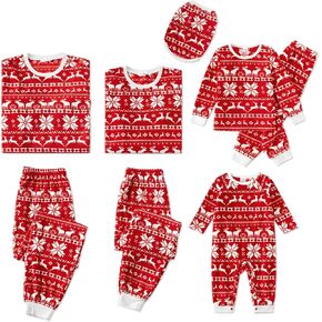 PATPAT Christmas Family Matching Long-sleeve Allover Deer Snowflake Print Red Thickened Polar Light Pajamas 2 Piece Sets