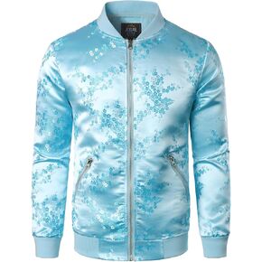 JOGAL Men's Luxury Paisley Floral Embroidered Satin Bomber Jacket