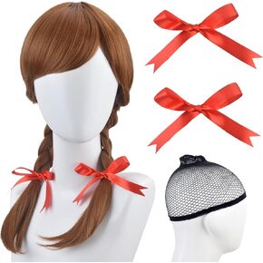 LALASAM Annabelle Style Costume Braid Wigs for Women,Brown Wig with RED Bows,Halloween Makeup Party Aldult Ponytail Wig