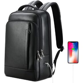 BOPai Genuine Leather Backpack for Men Multi-Function Backpack 15.6 inch Business Laptop Backpack Travel Smart Rucksack with USB Charging Anti Theft Backpack Office Black