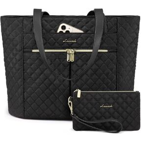 LOVEVOOK Laptop Bag for Women 15.6 inch,Diamond Quilted Work Tote Bags Womens Laptop Tote Bag Computer Shoulder Bags,Stylish Travel Tote Bags Laptop Purse Case Briefcase Handbag with Clutch Bag,Black