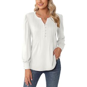 LUYAA Women's Long Sleeve Casual Blouses Dressy Tunic Top V Neck Button Office Wear Fall Winter in Kuwait