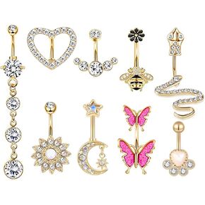 NICEIGHT 9PCS Stainless Steel Belly Button Rings Dangle Belly Rings for Women Girls Heart Moon Snake Flower Navel Rings Body Jewelry Piercing