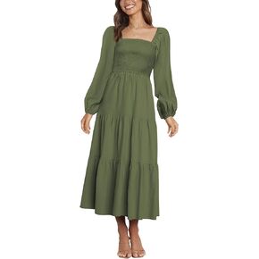 فستان Firfig نسائي 2023 كاجوال بأكمام طويلة ورقبة مربعة وخصر عالي وتدفق على شكل حرف A فستان طويل متدرج in Kuwait