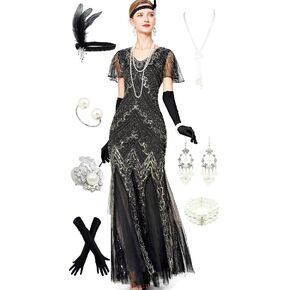 Women Short Sleeve Evening Maxi Long Dress 1920s Sequin Mermaid Hem Wedding Prom Gown Costume w/ 20s Gatsby Accessories Set