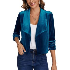 MINTLIMIT Women's Casual Velvet Blazer 3/4 Ruched Sleeve Shawl Collar Draped Open Front Blazers Jackets in Saudi Arabia