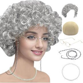 Old Lady Costume Set Grandma Wig Granny Wig Cap Madea Granny Glasses Eyeglass Chains Cords Faux Pearl Bead Necklace Old Lady Cosplay Set 5 Pieces (grey bun) in Kuwait