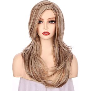 Onedor Full Head Beautiful Long Curly Wave Stunning Wig Charming Curly Costume Wigs with Fringe (24H613 Blonde Highlights)
