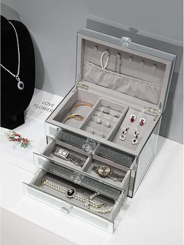 CITYLOVE Jewelry Boxes for Women Modern Glass Jewelry Box Organizer 3-Layer 2 Drawers,Lots of Storage Space,Best Birthday Gifts for Women/Silver in Saudi Arabia