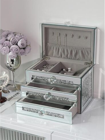 CITYLOVE Jewelry Boxes for Women Modern Glass Jewelry Box Organizer 3-Layer 2 Drawers,Lots of Storage Space,Best Birthday Gifts for Women/Silver in Saudi Arabia