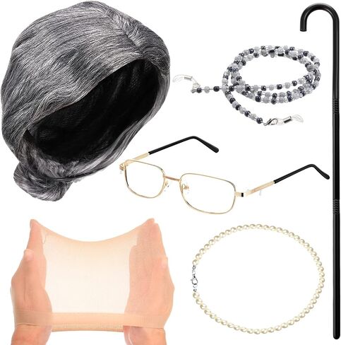 Tatuo 6 Pieces Grandma Accessories Old Lady Costume for Kids Granny Wig Walking Cane Dress up for Women Girls Cosplay Party in Saudi Arabia