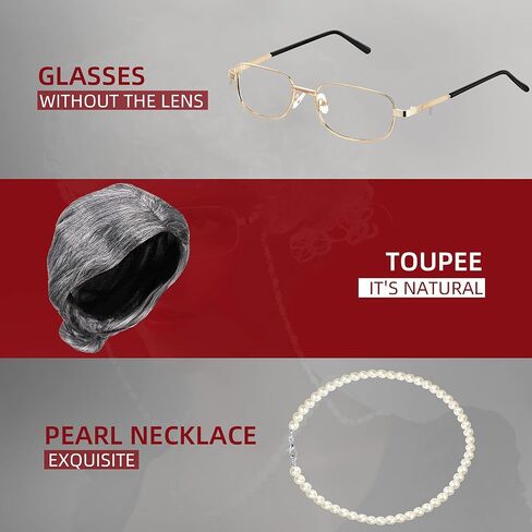 Tatuo 6 Pieces Grandma Accessories Old Lady Costume for Kids Granny Wig Walking Cane Dress up for Women Girls Cosplay Party in Saudi Arabia