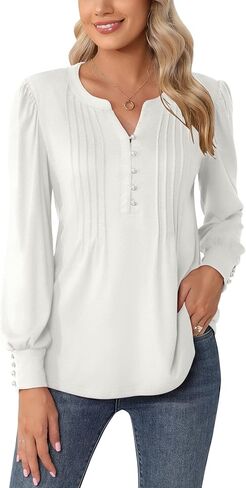 LUYAA Women's Long Sleeve Casual Blouses Dressy Tunic Top V Neck Button Office Wear Fall Winter in Kuwait