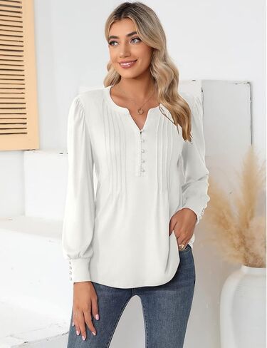 LUYAA Women's Long Sleeve Casual Blouses Dressy Tunic Top V Neck Button Office Wear Fall Winter in Kuwait