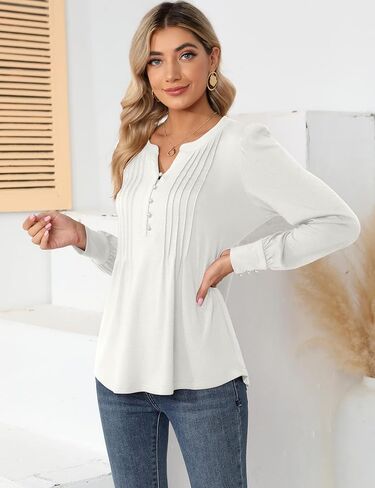 LUYAA Women's Long Sleeve Casual Blouses Dressy Tunic Top V Neck Button Office Wear Fall Winter in Kuwait