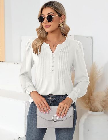 LUYAA Women's Long Sleeve Casual Blouses Dressy Tunic Top V Neck Button Office Wear Fall Winter in Kuwait