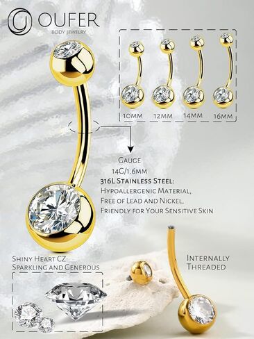 OUFER Gold Belly Button Rings, 316L Surgical Steel Belly Button Piercing, Internally Threaded Belly Rings, 14G Belly Piercing Jewelry, Long Belly Button Rings, Navel Rings For Women Men in Saudi Arabia