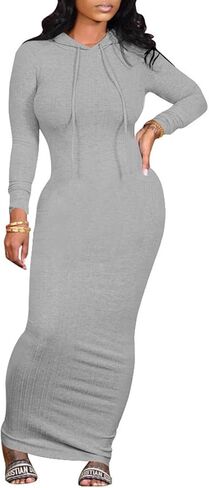WUSENST Women's Maxi Dress Sexy Bodycon Long Sleeve Pullover Hoodie Casual Slim Sweatshirt in Kuwait