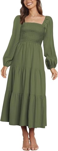 فستان Firfig نسائي 2023 كاجوال بأكمام طويلة ورقبة مربعة وخصر عالي وتدفق على شكل حرف A فستان طويل متدرج in Kuwait