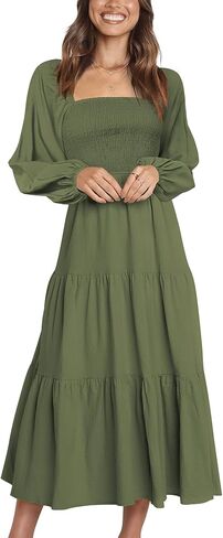 فستان Firfig نسائي 2023 كاجوال بأكمام طويلة ورقبة مربعة وخصر عالي وتدفق على شكل حرف A فستان طويل متدرج in Kuwait