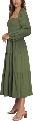 فستان Firfig نسائي 2023 كاجوال بأكمام طويلة ورقبة مربعة وخصر عالي وتدفق على شكل حرف A فستان طويل متدرج in Kuwait