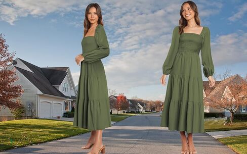 فستان Firfig نسائي 2023 كاجوال بأكمام طويلة ورقبة مربعة وخصر عالي وتدفق على شكل حرف A فستان طويل متدرج in Kuwait