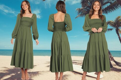 فستان Firfig نسائي 2023 كاجوال بأكمام طويلة ورقبة مربعة وخصر عالي وتدفق على شكل حرف A فستان طويل متدرج in Kuwait