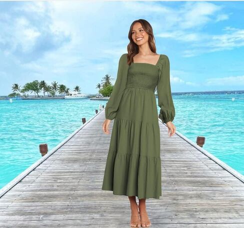 فستان Firfig نسائي 2023 كاجوال بأكمام طويلة ورقبة مربعة وخصر عالي وتدفق على شكل حرف A فستان طويل متدرج in Kuwait