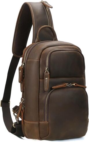 حقيبة كتف من جلد البقر الحقيقي ريترو من هيسباري، لون بني، مقاس L, بني in Kuwait