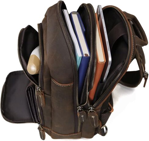 حقيبة كتف من جلد البقر الحقيقي ريترو من هيسباري، لون بني، مقاس L, بني in Kuwait