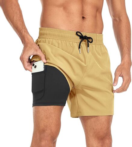 سروال سباحة رجالي من Yaavii مع بطانة ضغط، شورت شاطئ سريع الجفاف مع جيب بسحاب in Kuwait