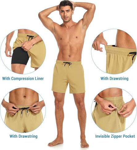 سروال سباحة رجالي من Yaavii مع بطانة ضغط، شورت شاطئ سريع الجفاف مع جيب بسحاب in Kuwait